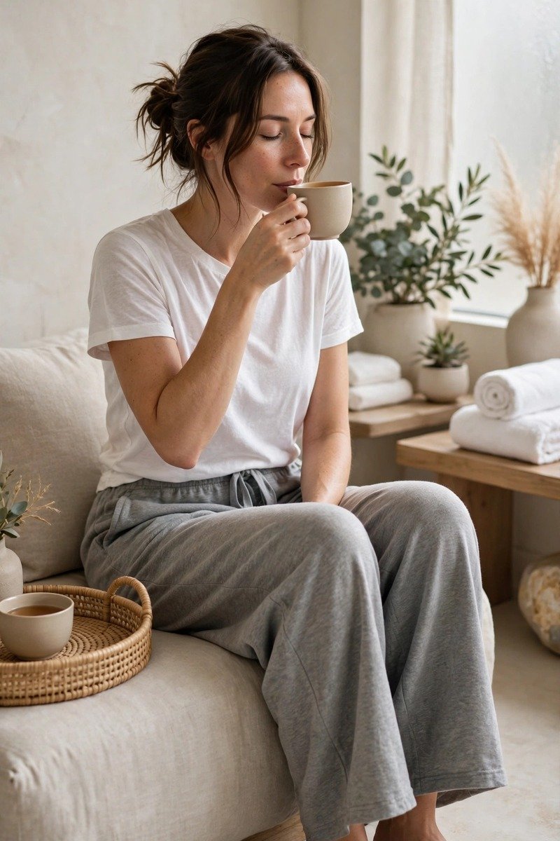 Woman in white tee and wide-leg sweatpants at a spa