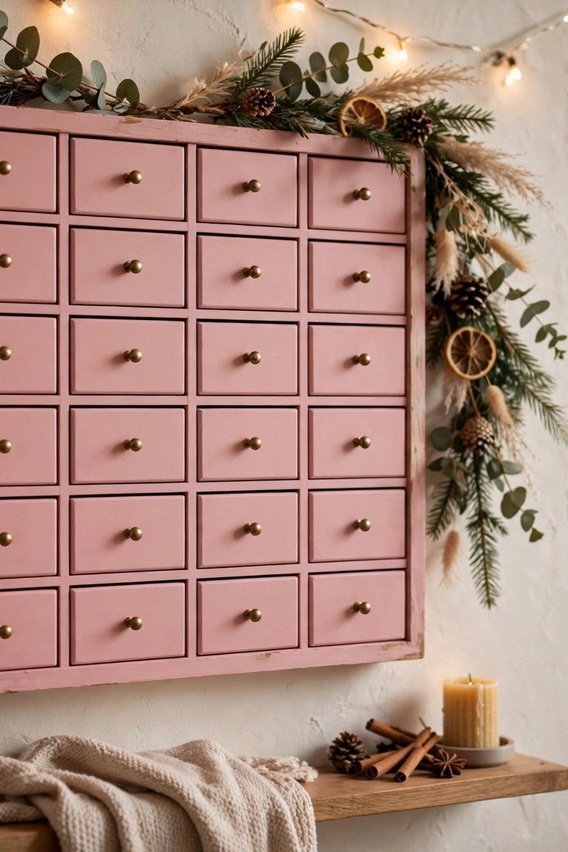 Pink advent calendar with little drawers on a wall