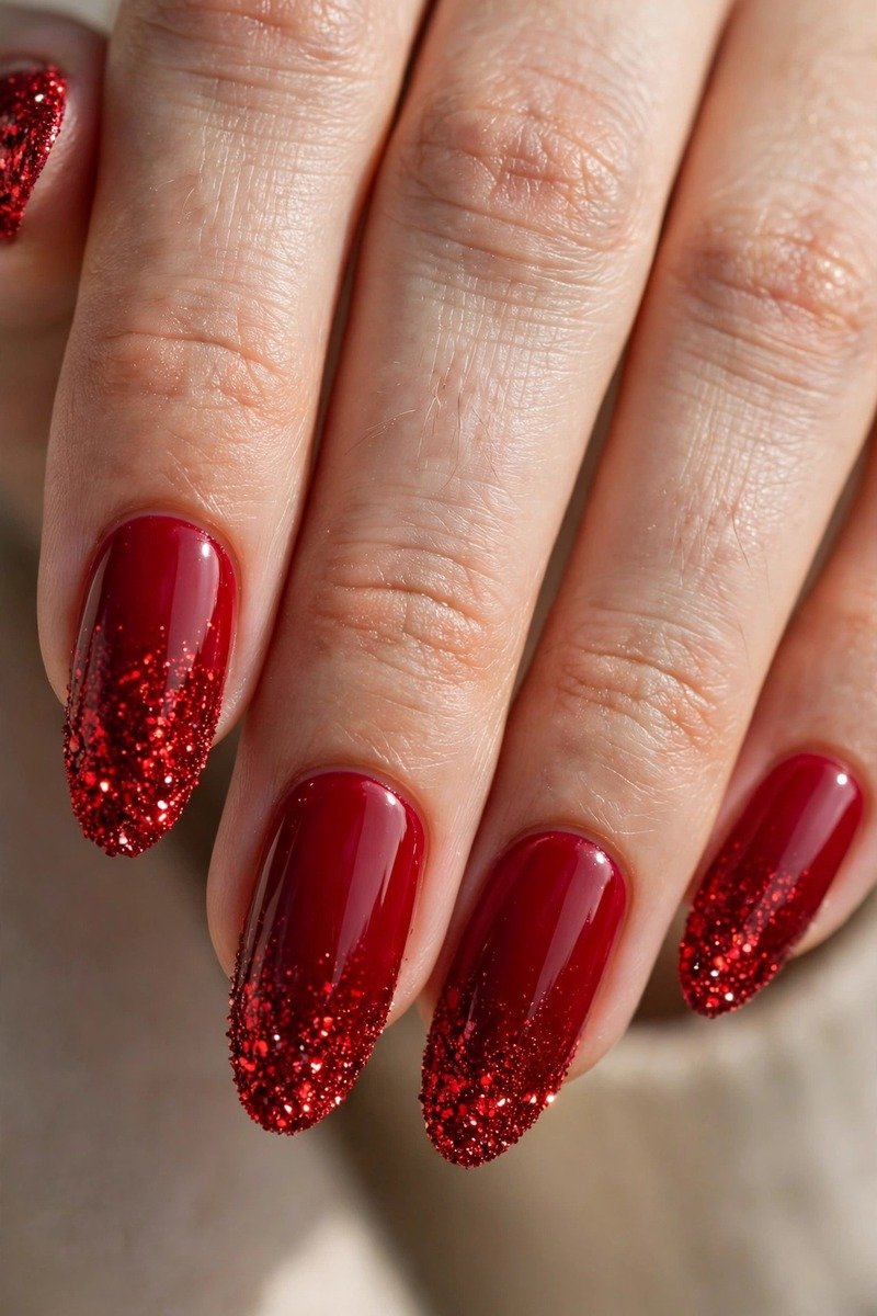 Red nails with glitter ombre fading from the tips