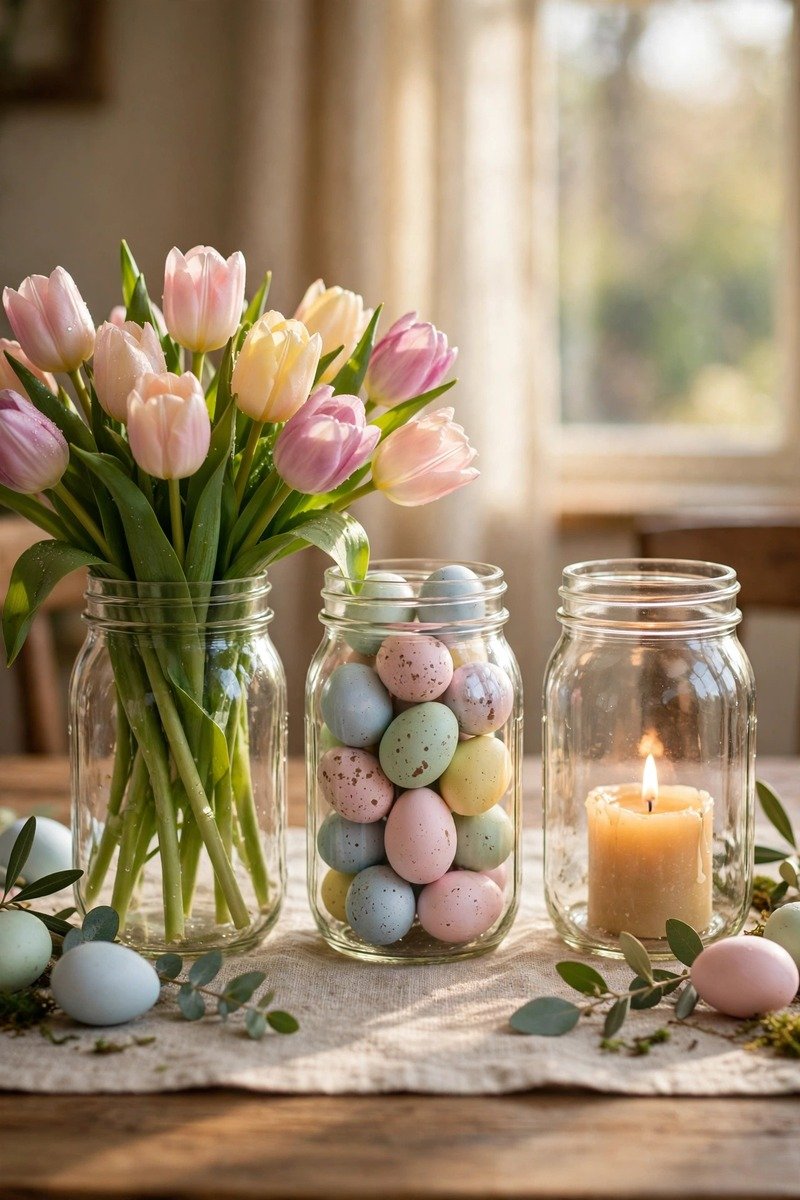 Three mason jars with tulips eggs and a candle
