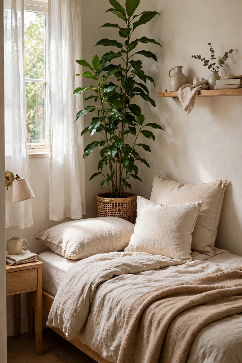 Small bedroom with a tall plant in the corner