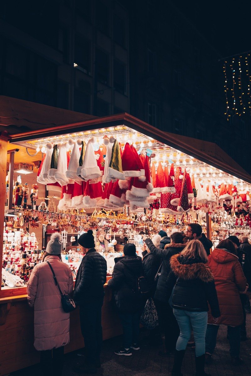 Winter market stalls with lights