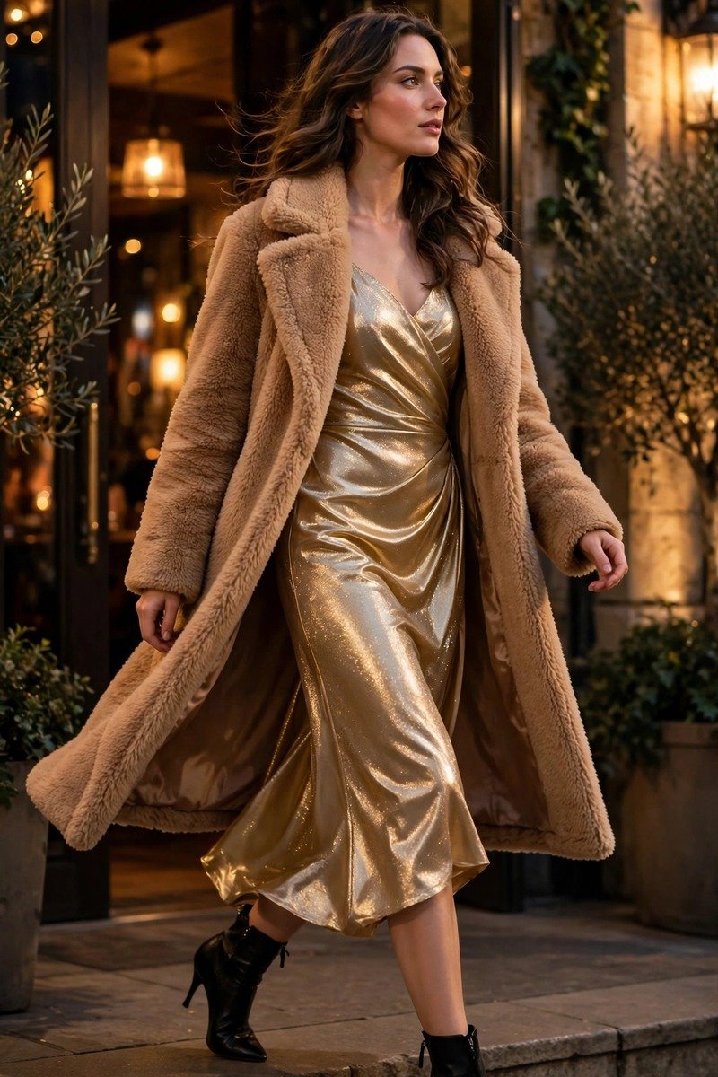 Teddy coat over a party dress
