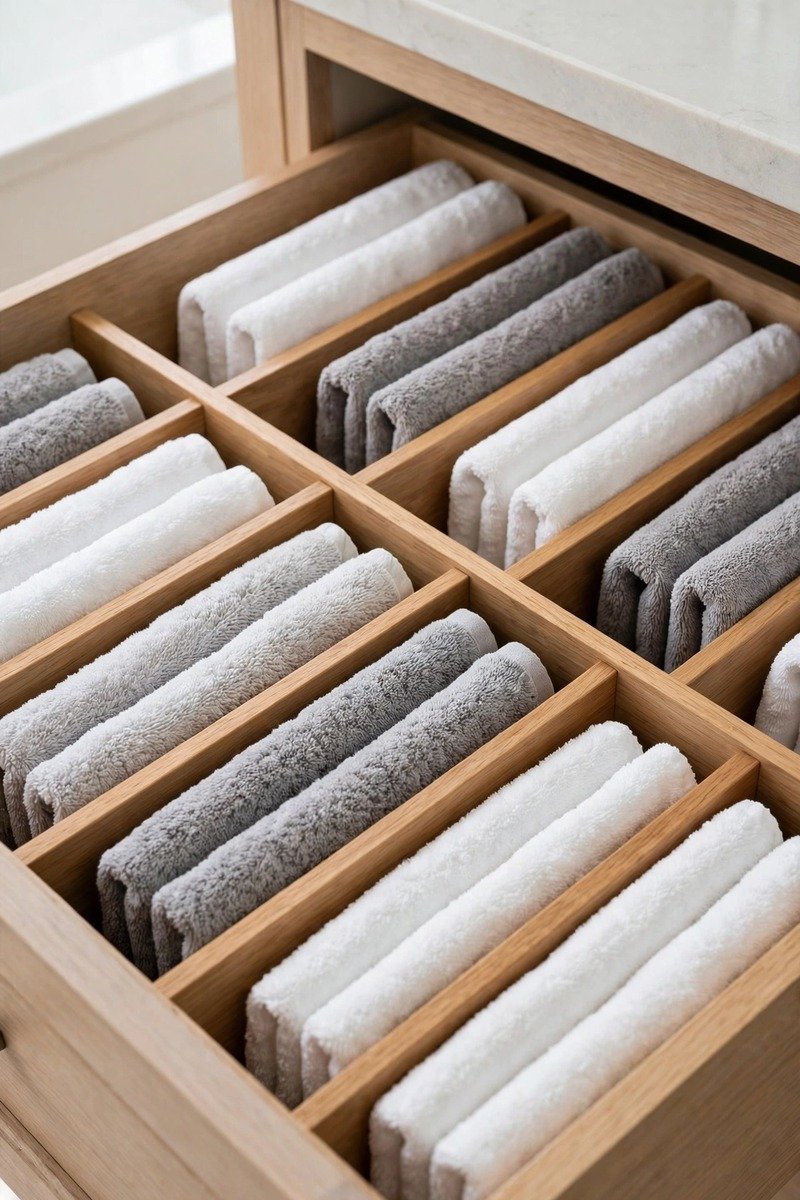 Vanity drawer with dividers holding filed towels
