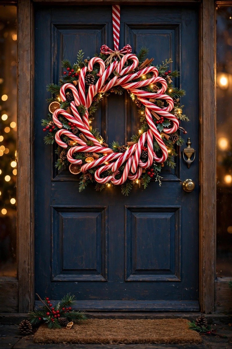 Candy cane striped red and white Christmas wreath