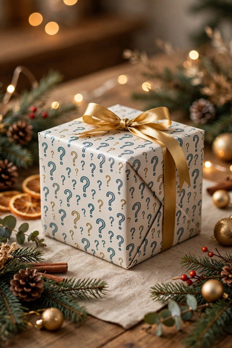 Mystery gift box with question mark pattern