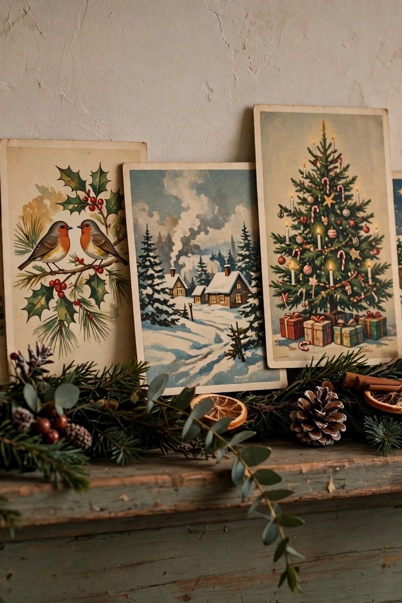 Vintage Christmas decorations postcards mantel