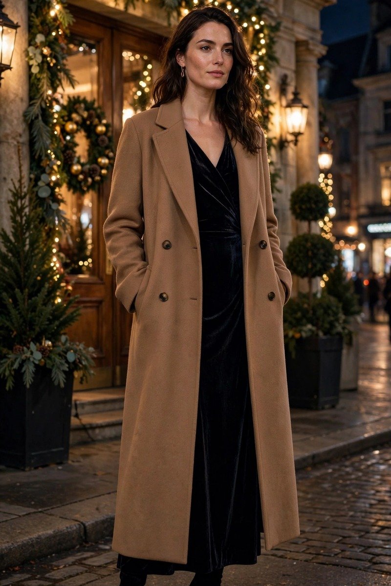 Christmas party outfit long wool coat over dress