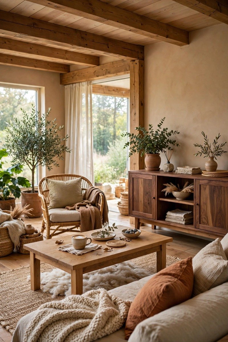 Living room with natural wood tones in coffee table, shelving, and oak floors