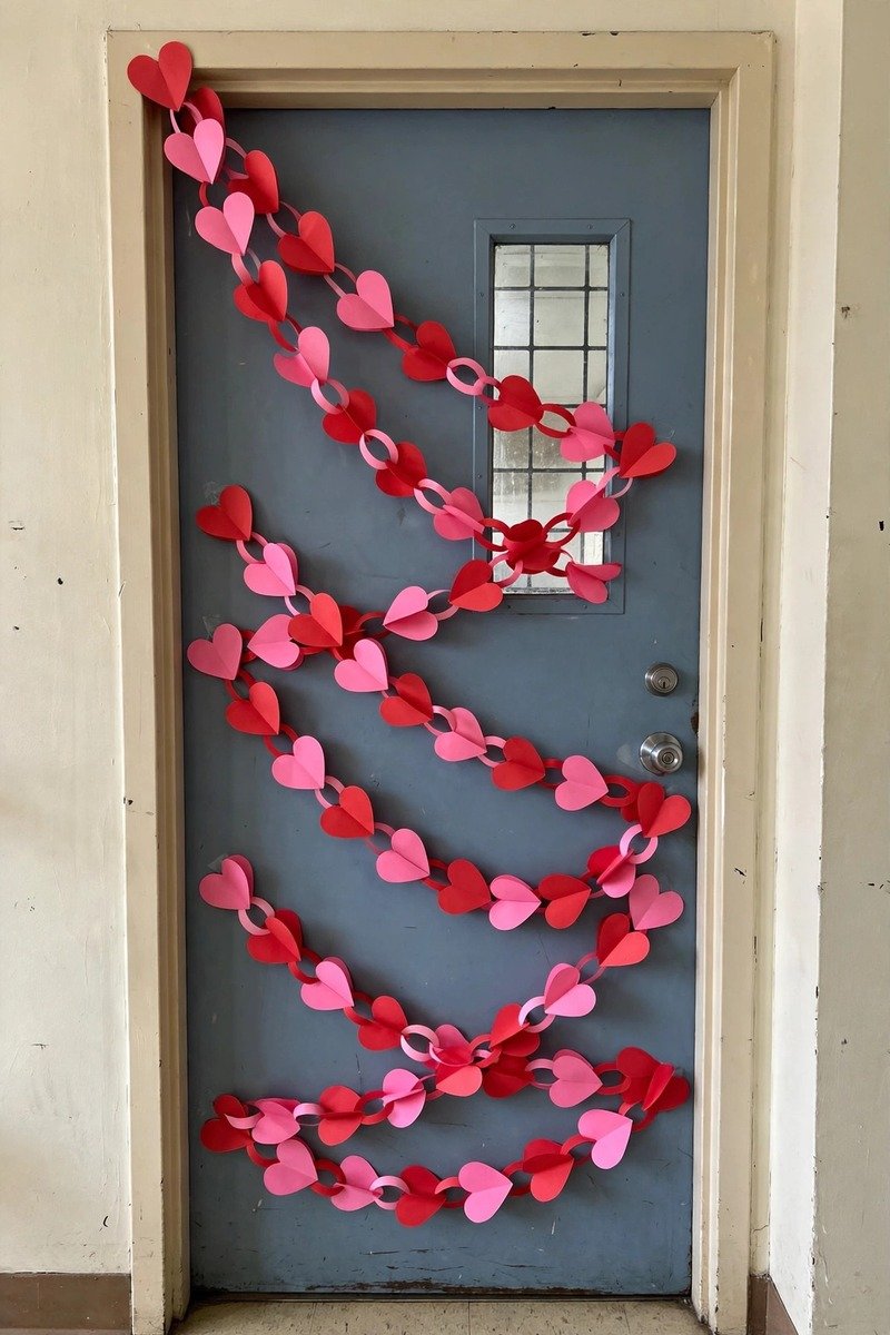 Classroom door with a long paper heart chain garland