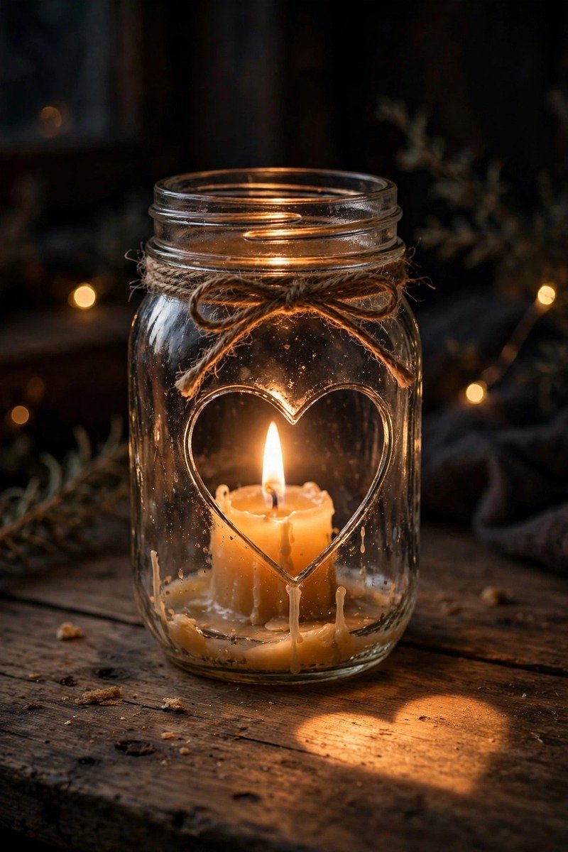 Mason jar candle holder with glowing heart cutout