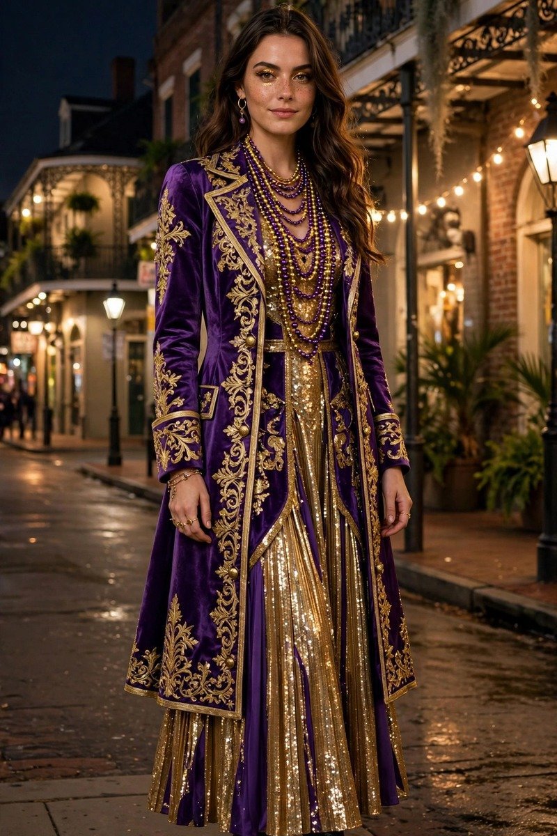 Woman in a festive purple and gold outfit with beads