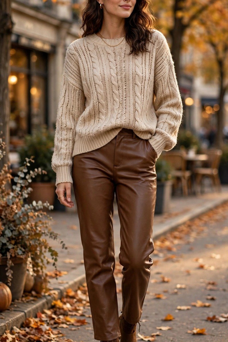 Woman in brown leather pants with beige knit sweater