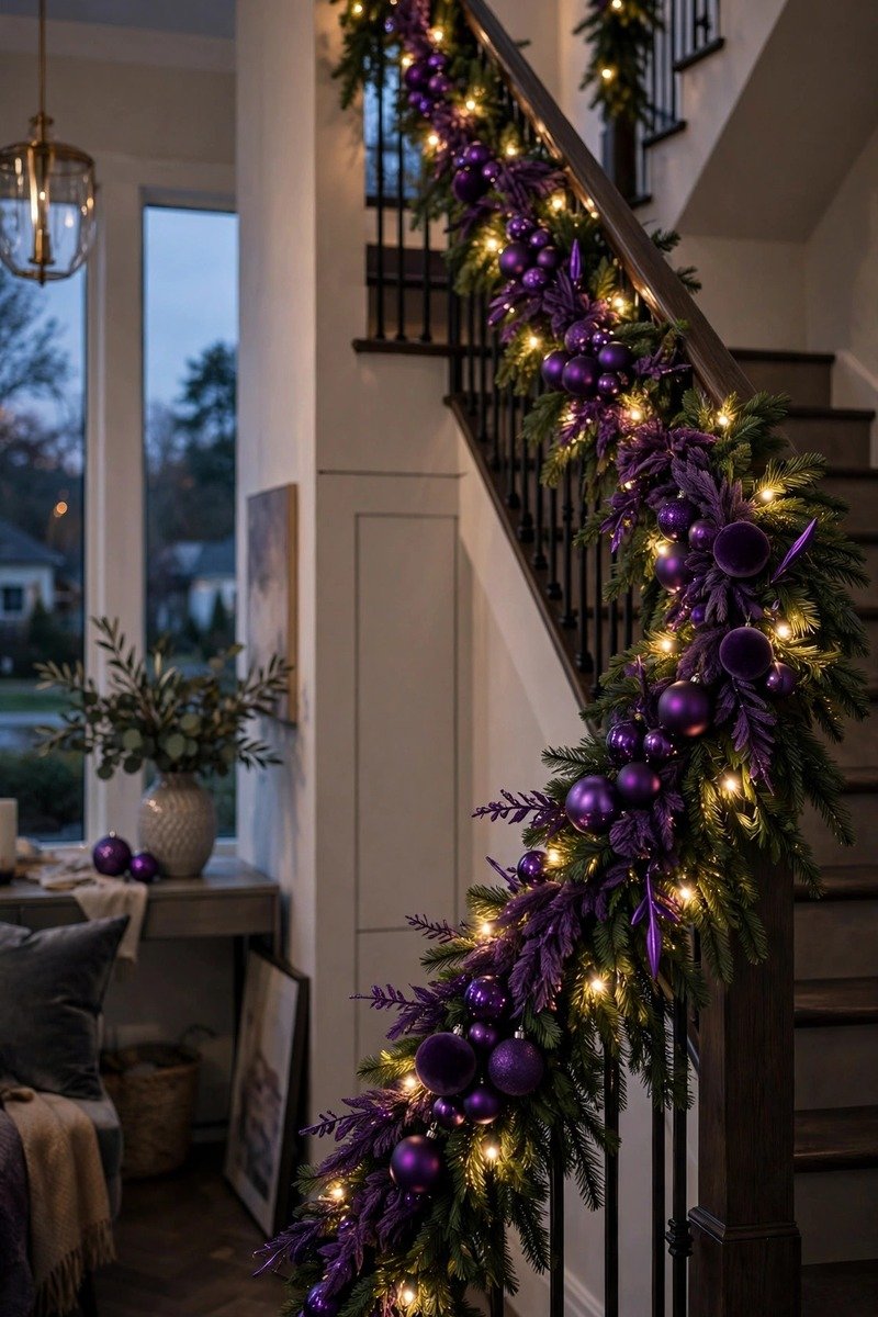 Staircase railing wrapped in purple garland with warm white lights