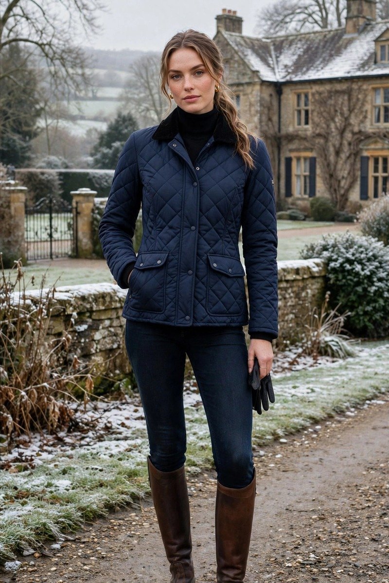 Woman in riding boots with quilted jacket