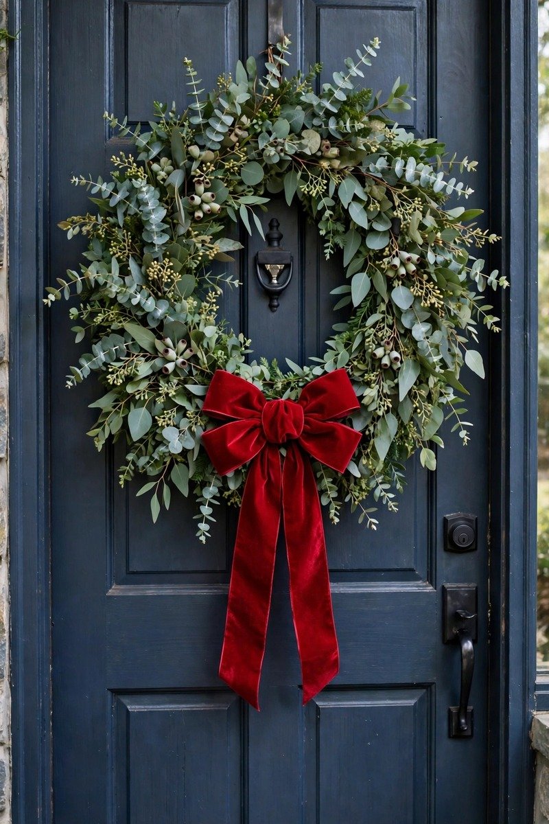 Greenery Valentine's wreath with red velvet bow