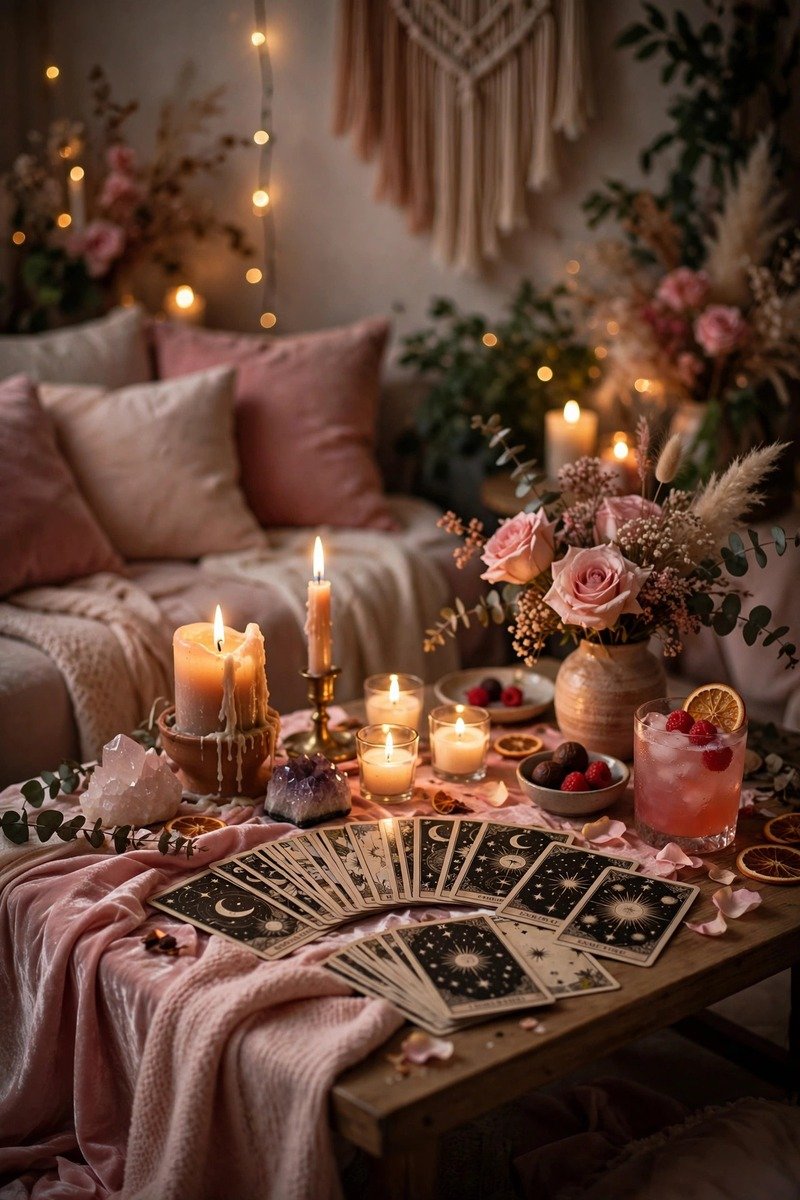 Cozy tarot reading corner with candles