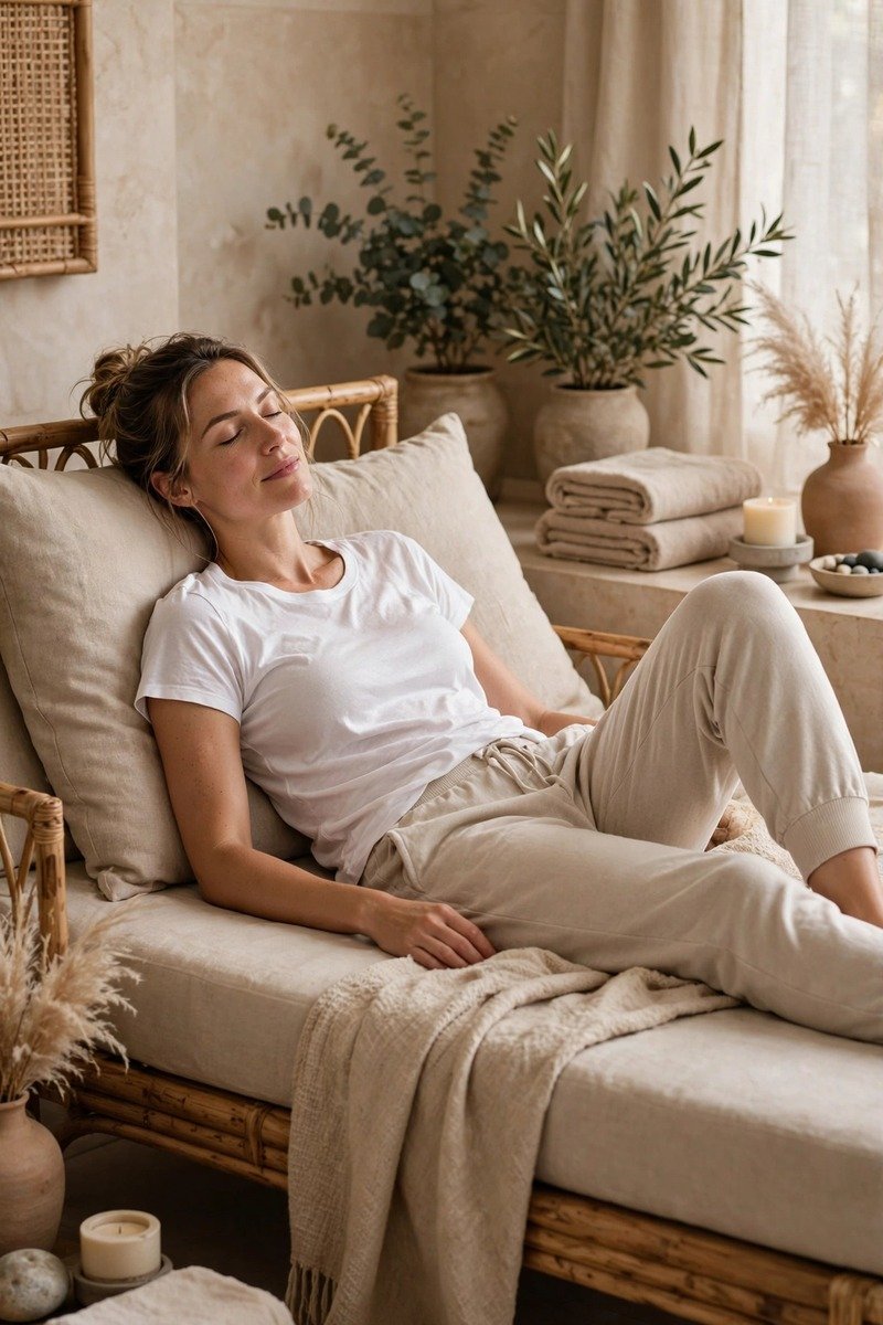 Woman in cashmere joggers and tee at a spa