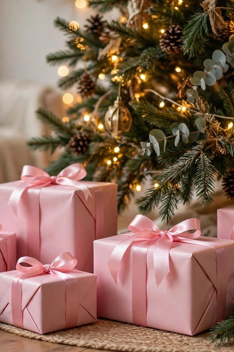 Christmas gifts wrapped in pink paper with satin ribbons under a tree