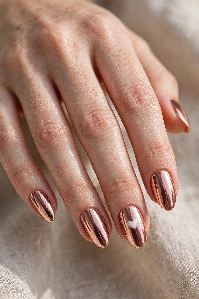 Rose gold chrome nails with heart details