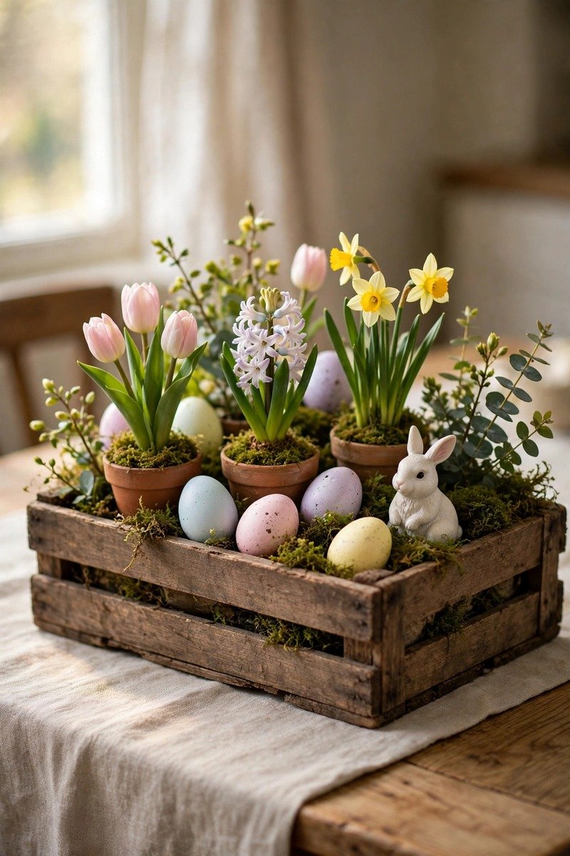 Wooden crate with pots eggs and a bunny arrangement