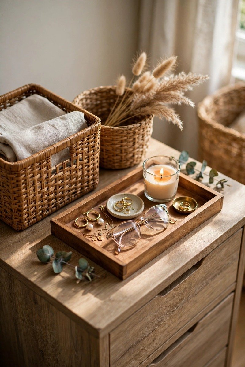 Small bedroom with baskets and a tray organizing small items