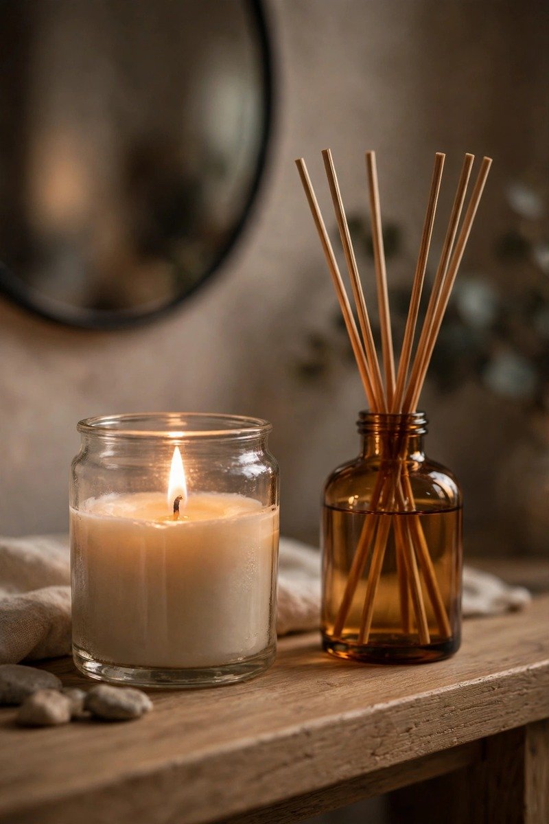 Candle and diffuser on an entryway console