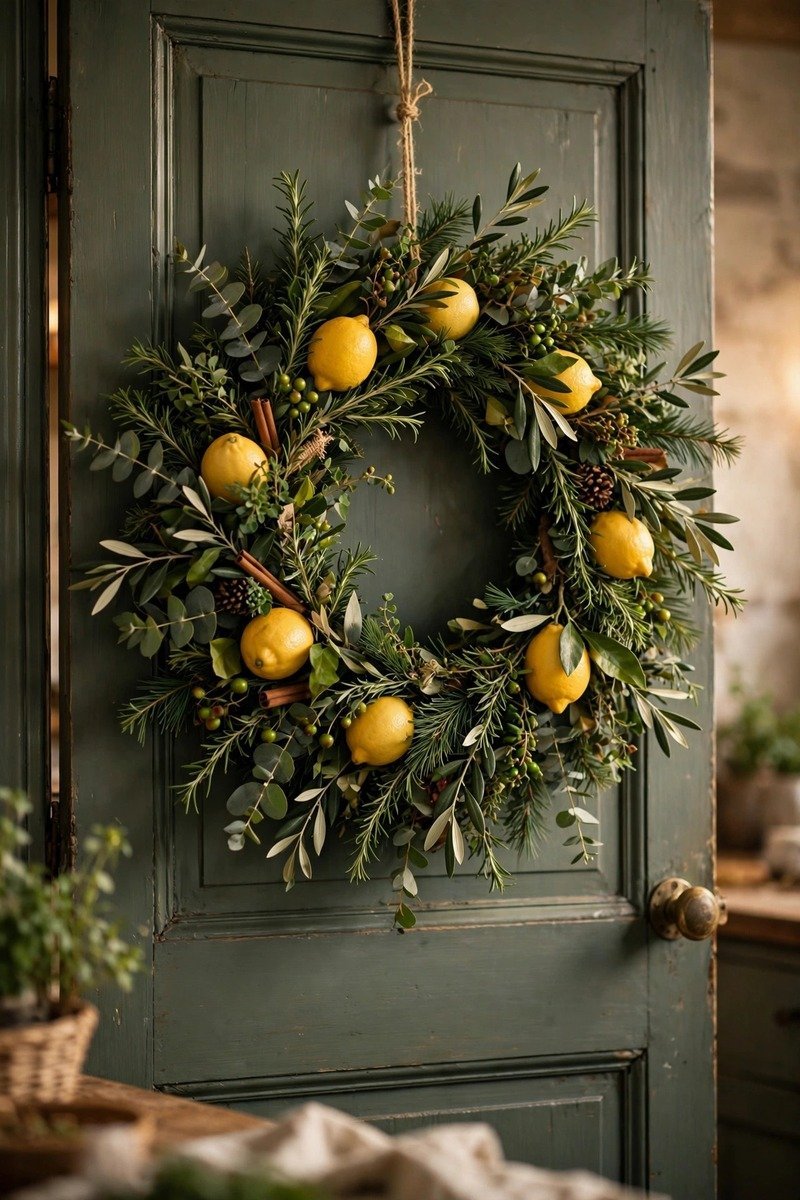 Citrus and herb Christmas wreath for a kitchen door