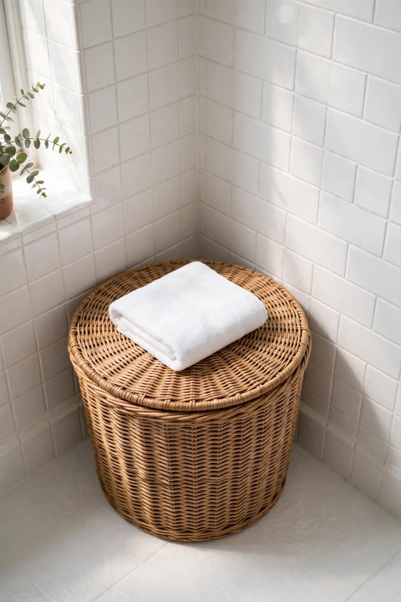 Lidded basket for clean towels in a bathroom
