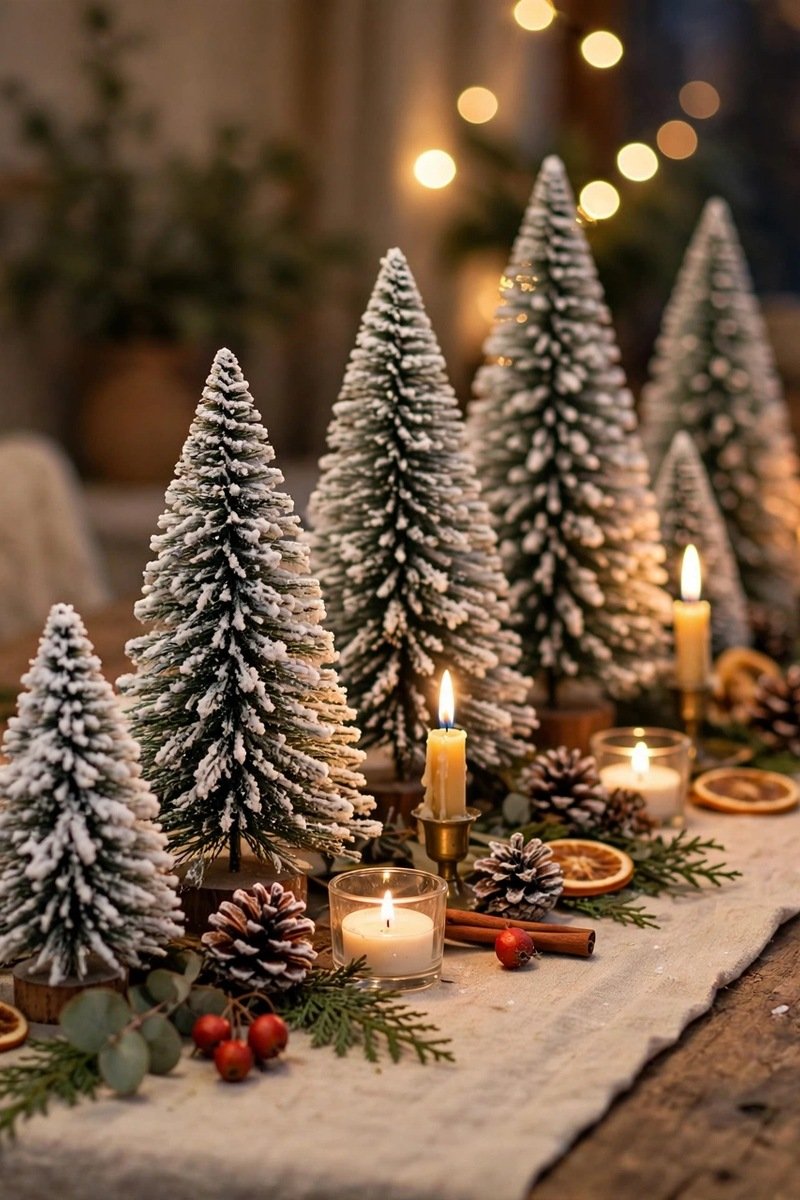 flocked mini trees Christmas table decor