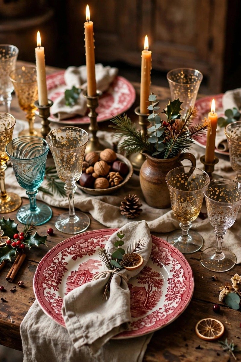 Vintage Christmas decorations red transferware table