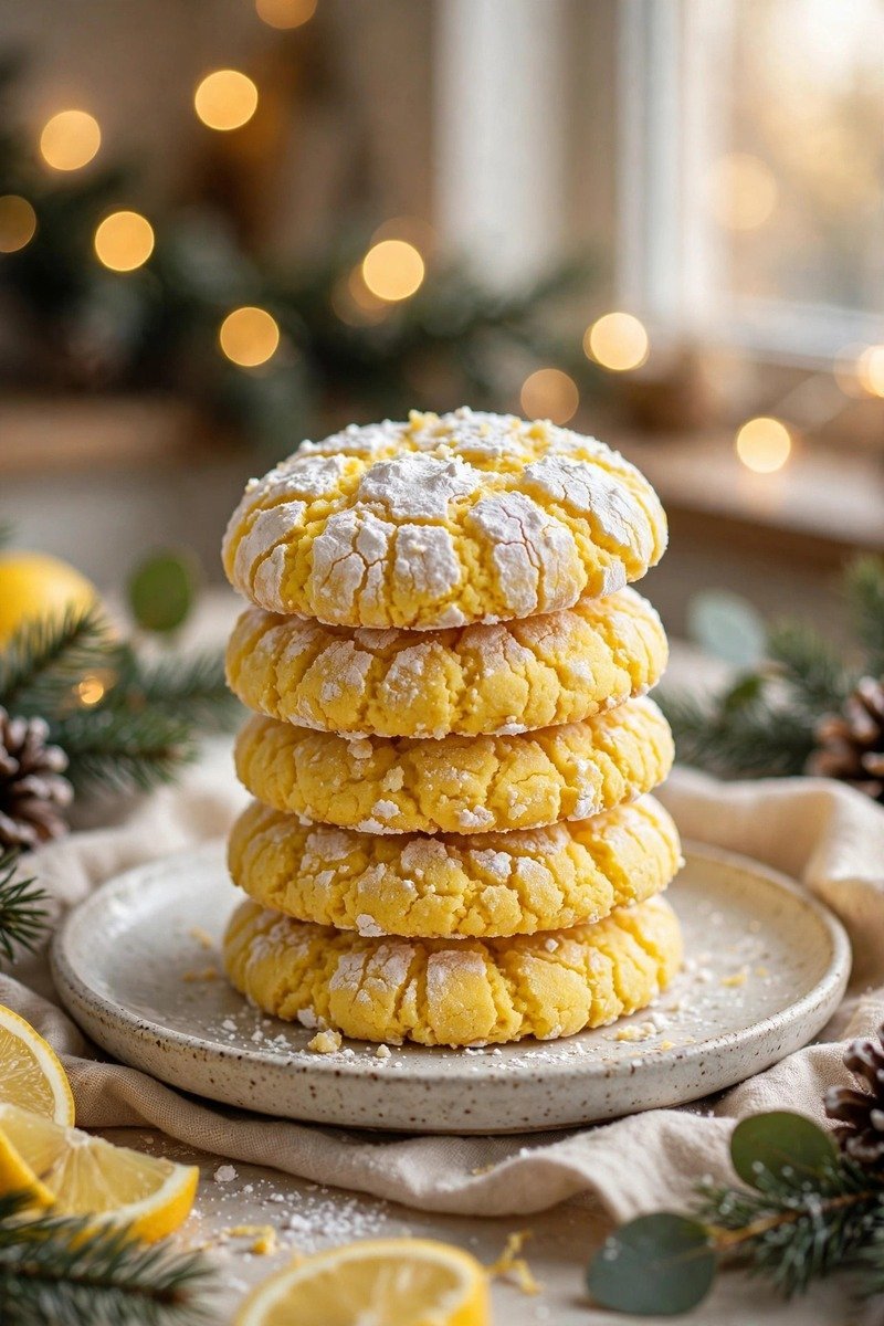 Bright lemon crinkle Christmas cookies with powdered sugar