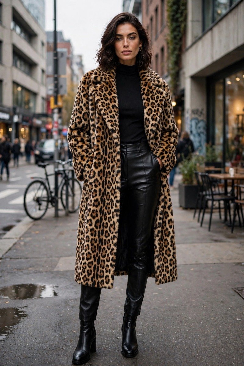 Woman in leather pants with statement leopard coat