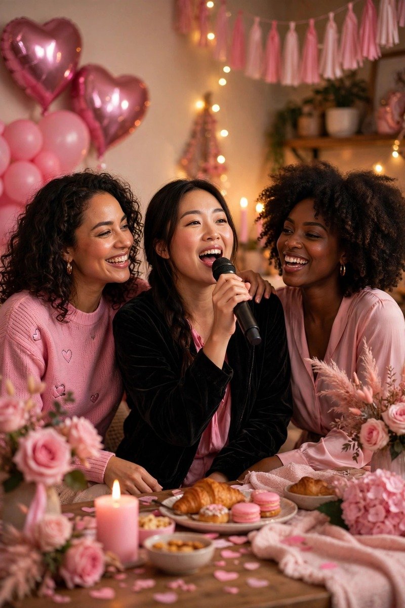 Friends doing karaoke at a Galentine's party
