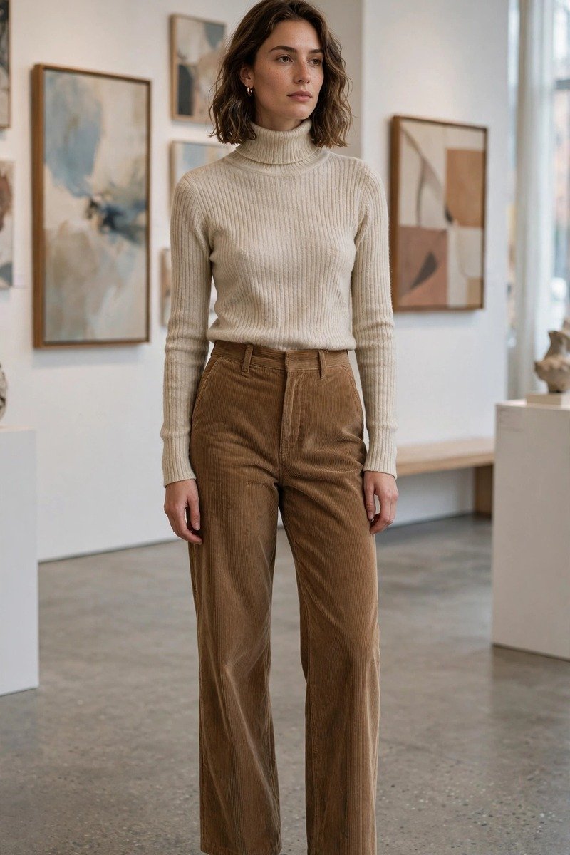 Woman in turtleneck and corduroy pants in an art gallery
