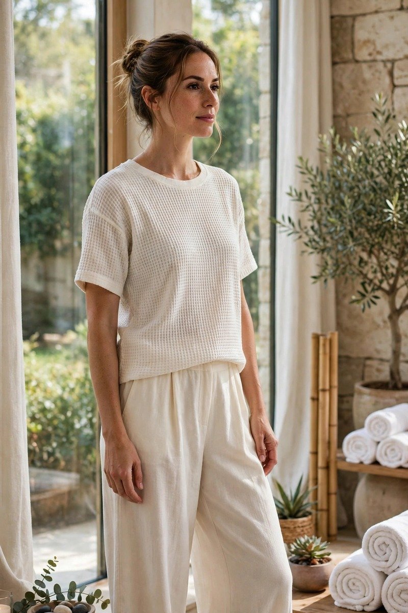 Woman in waffle knit top and wide-leg pants at a spa