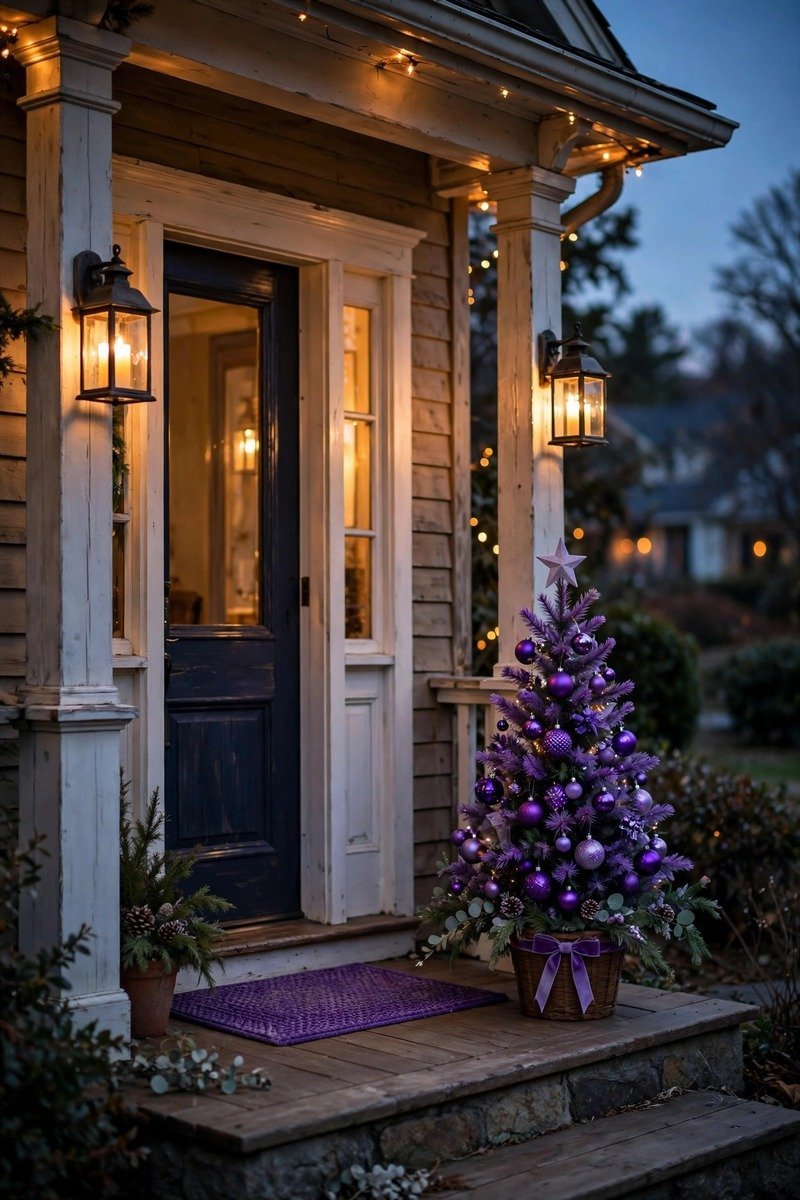 Front porch with purple doormat, glowing lanterns and a small purple tree