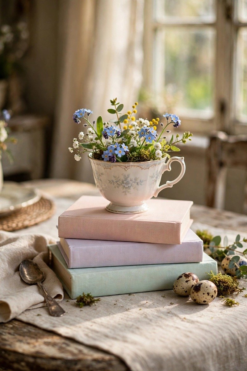 Stack of pastel books with a teacup of flowers