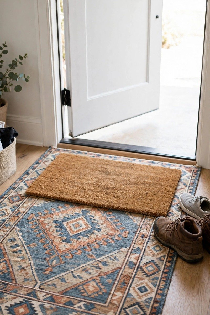 Layered doormats at a front door entryway