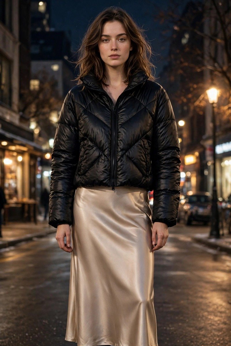 Puffer jacket with a satin skirt outfit