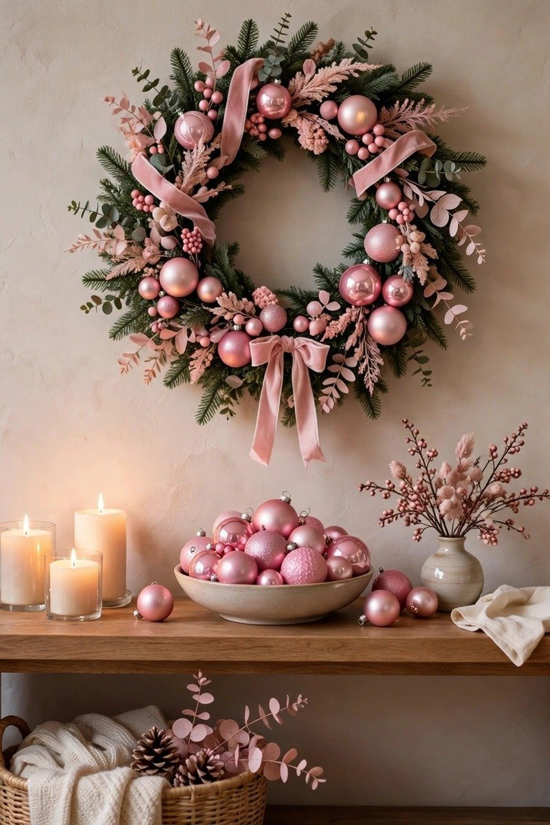 Entryway console with pink wreath, candles and a bowl of pink ornaments