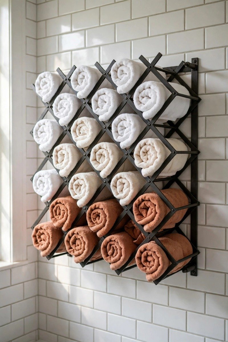 Wine rack repurposed to hold rolled towels