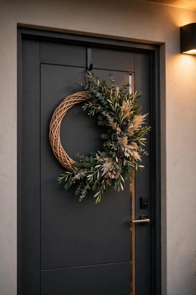Asymmetric modern Christmas wreath with greenery on only half the ring