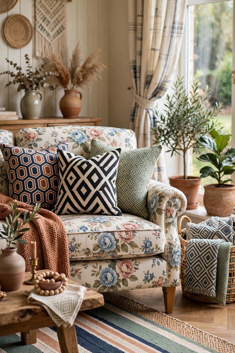 Living room with mixed patterns on rug, pillows, and curtains in coordinating colors