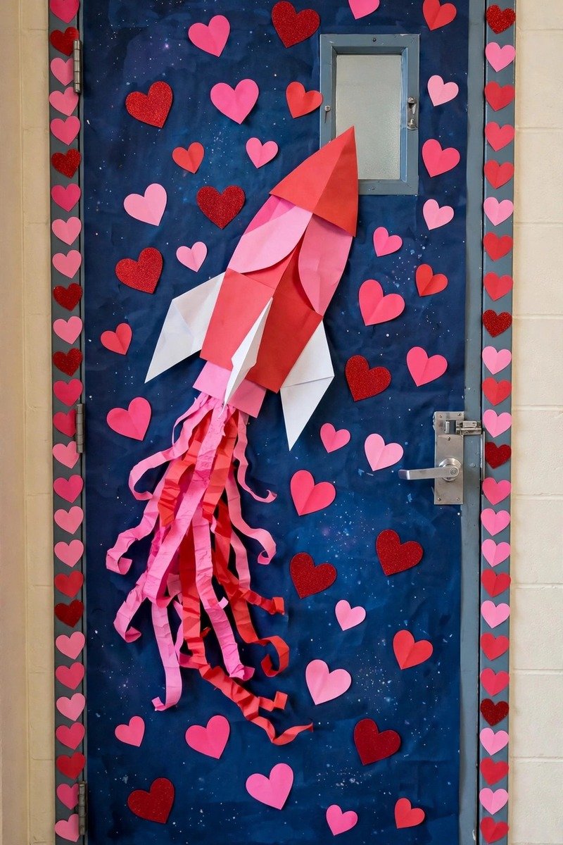 Classroom door with a rocket flying through heart-shaped stars