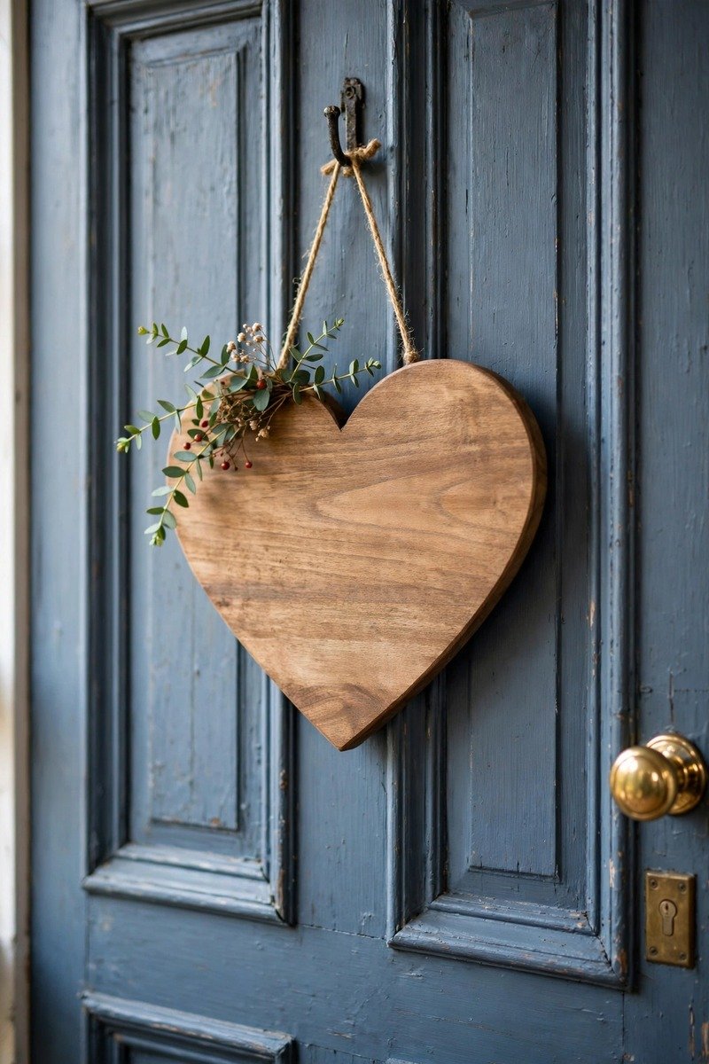 Wooden heart-shaped welcome sign on a front door