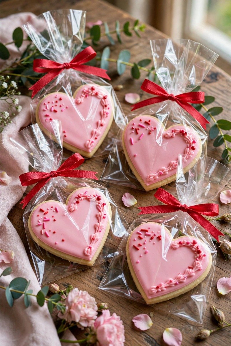Heart-shaped cookies with pink icing in favor bags