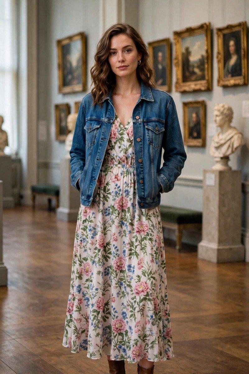 Woman in denim jacket and floral dress at a museum