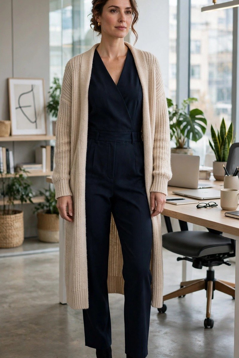 Woman in a jumpsuit with a cardigan at her workplace