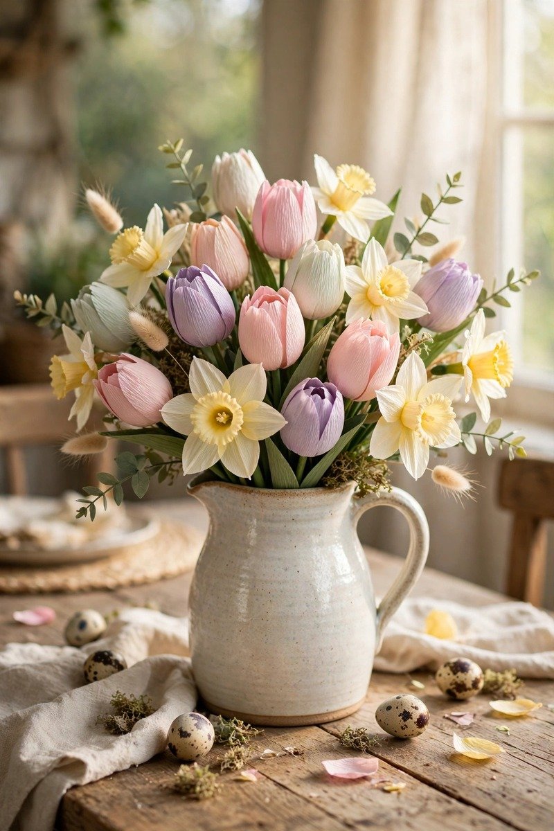 Paper tulips and daffodils in a jug centerpiece